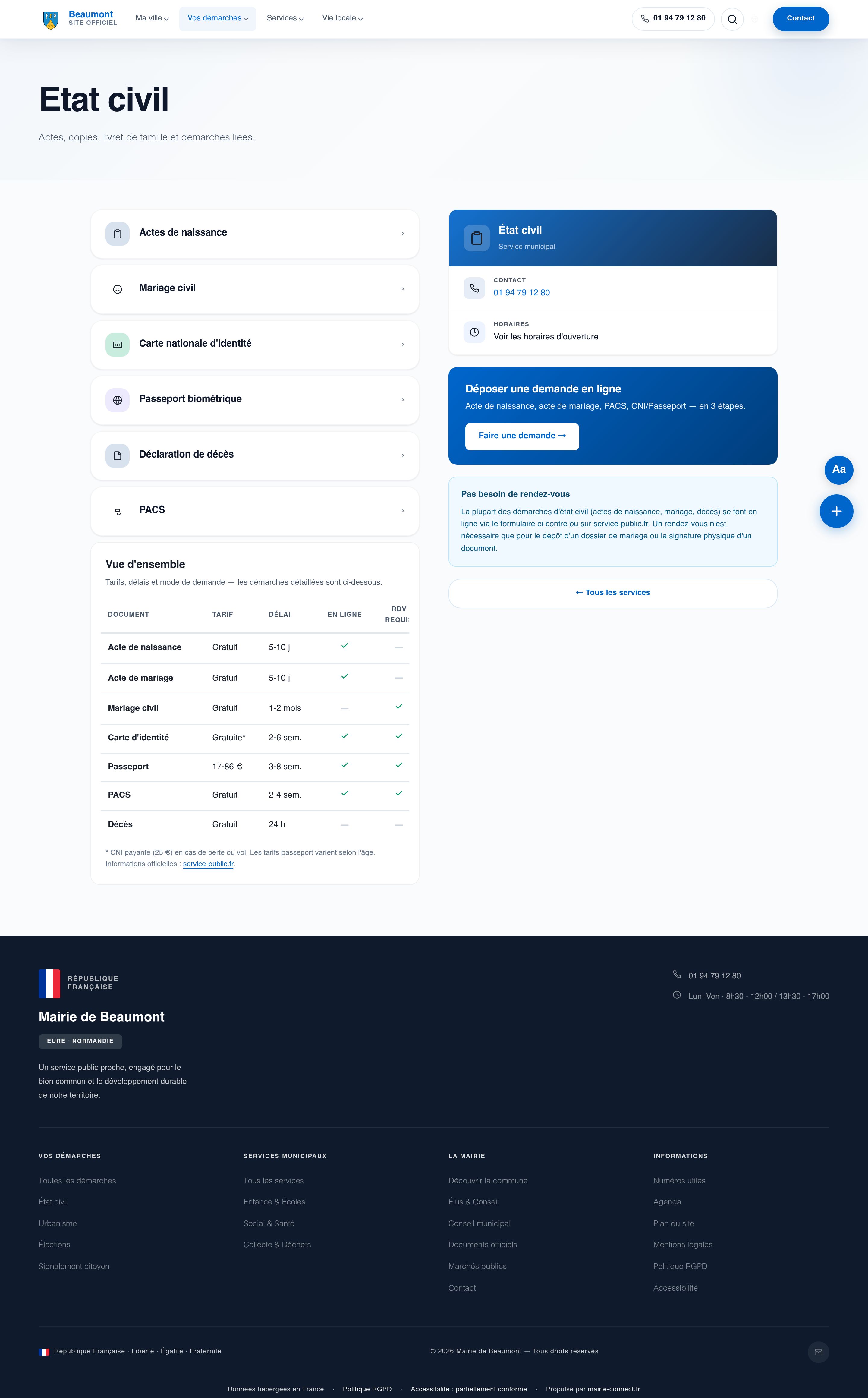Capture de la page État civil de la démo MairieConnect