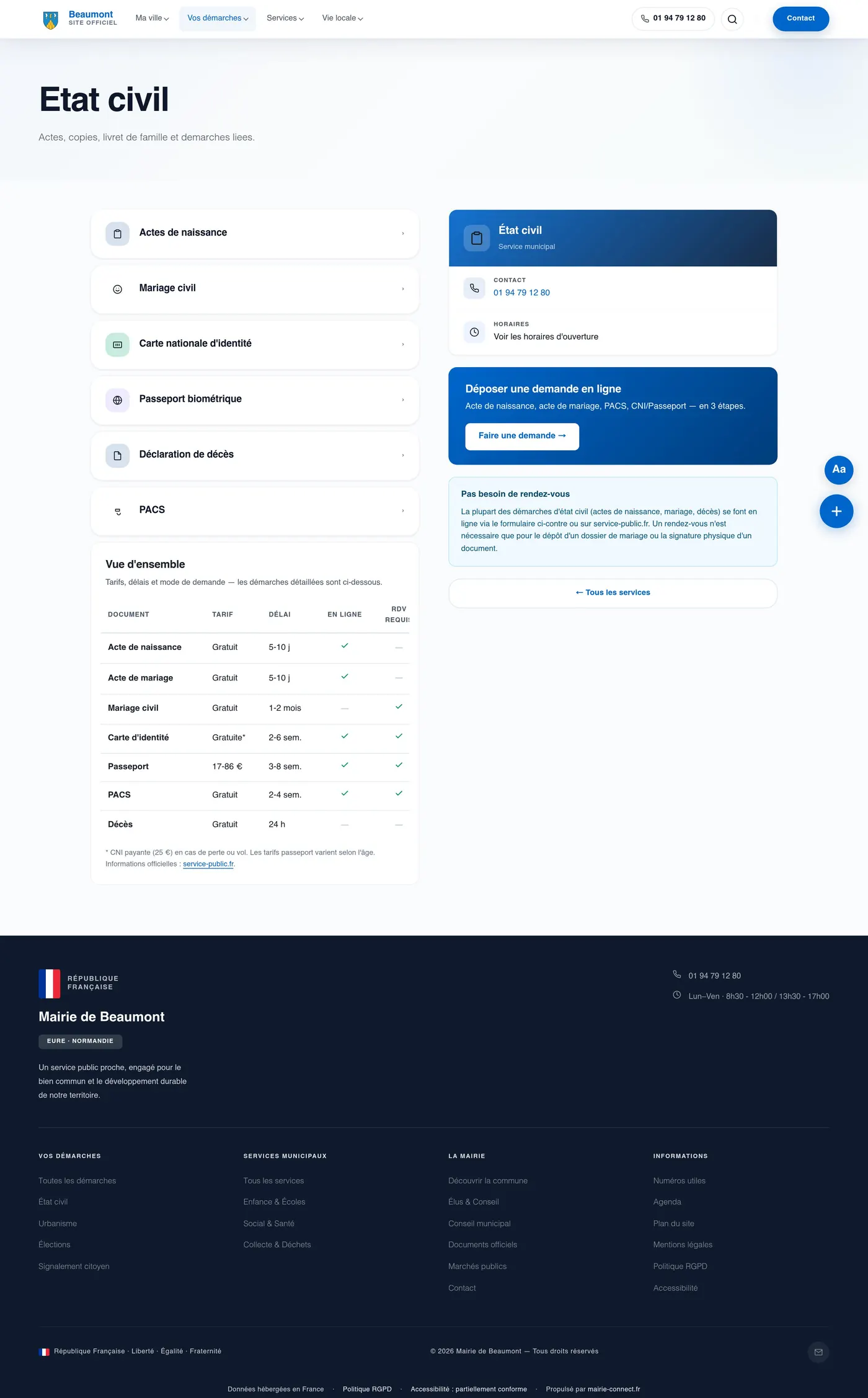 Capture de la page État civil de la démo MairieConnect